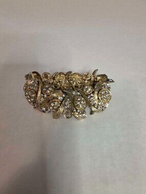 Vintage Gold Tone Rhinestone Leaf Statement Bracelet Costume
